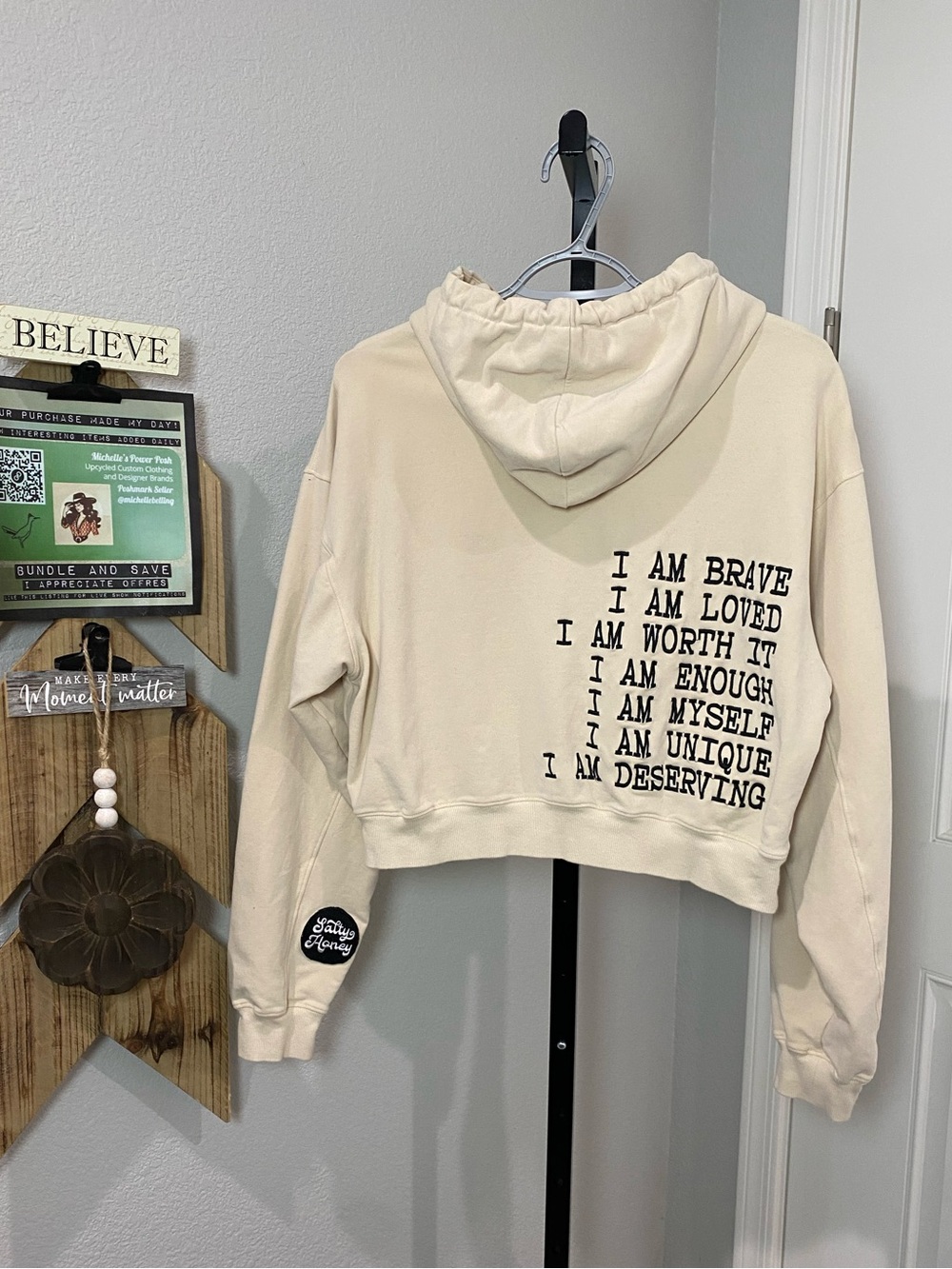 Salty Honey Embroidered Cream & Black Affirmation Hoodie. Extremely soft NWOT